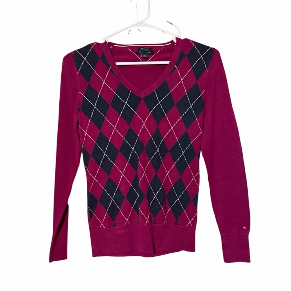 Tommy Hilfiger Burgundy & Navy Blue Argyle V-neck Sweater Sz S